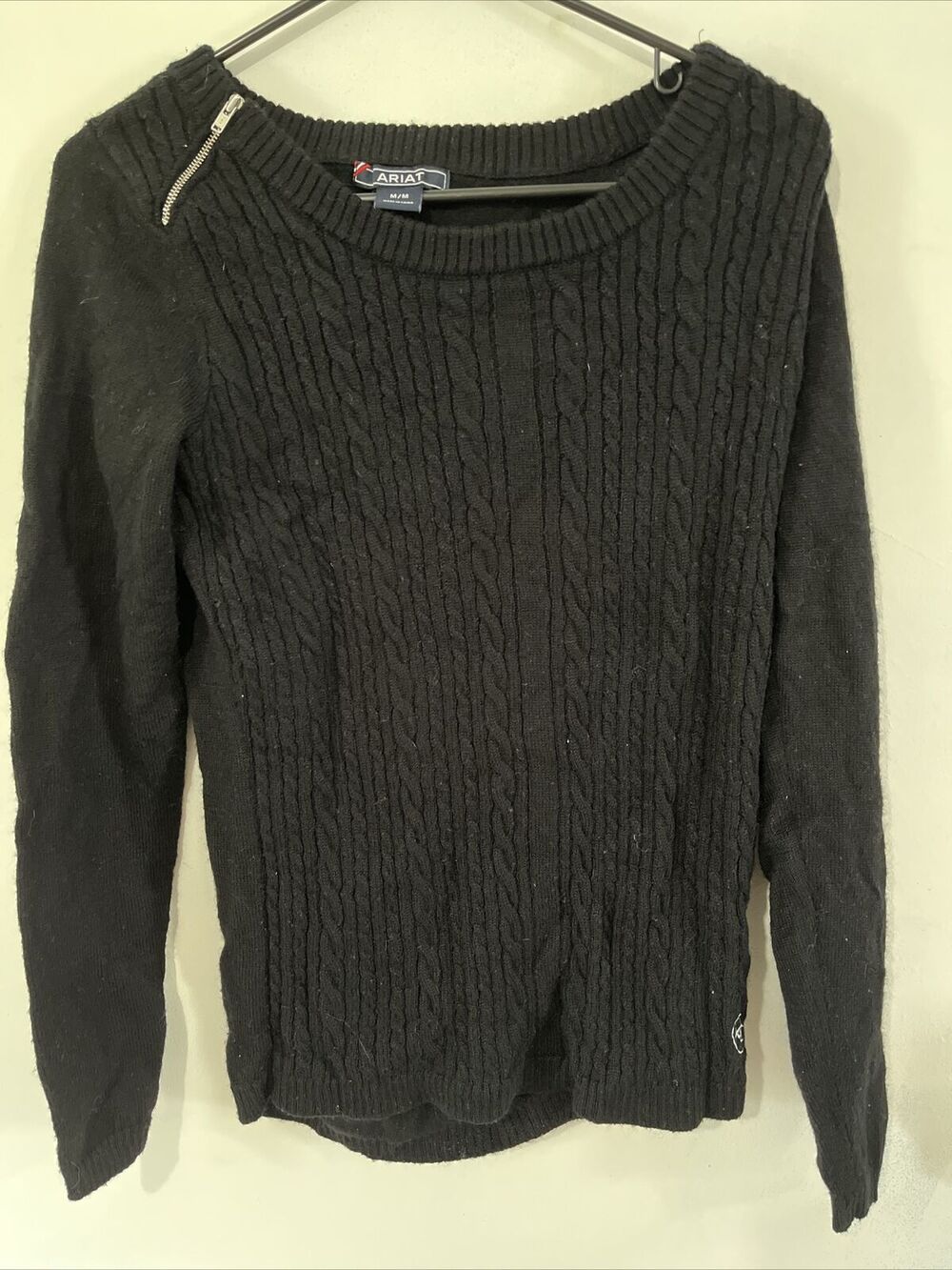 Ariat Sweater Womens Large Black Merino Wool Blend Knit Shoulder Zip Long Sleeve